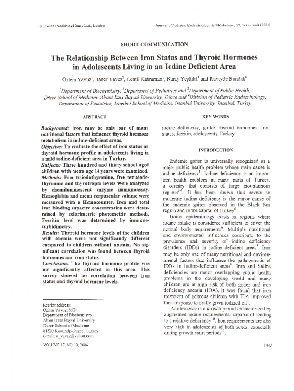 (PDF) The Relationship Between Iron Status and Thyroid Hormones in ...