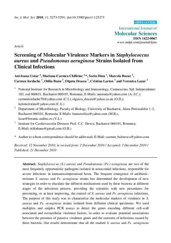 (PDF) Screening of Molecular Virulence Markers in Staphylococcus aureus ...
