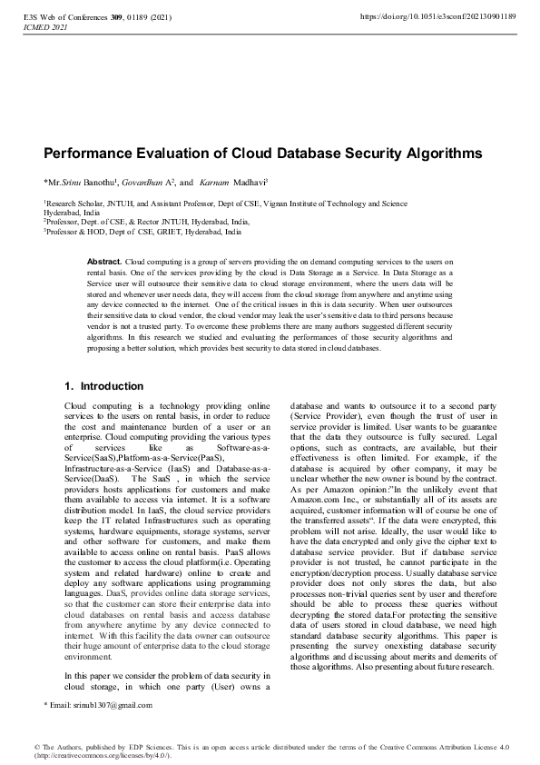 (PDF) Performance Evaluation of Cloud Database Security Algorithms