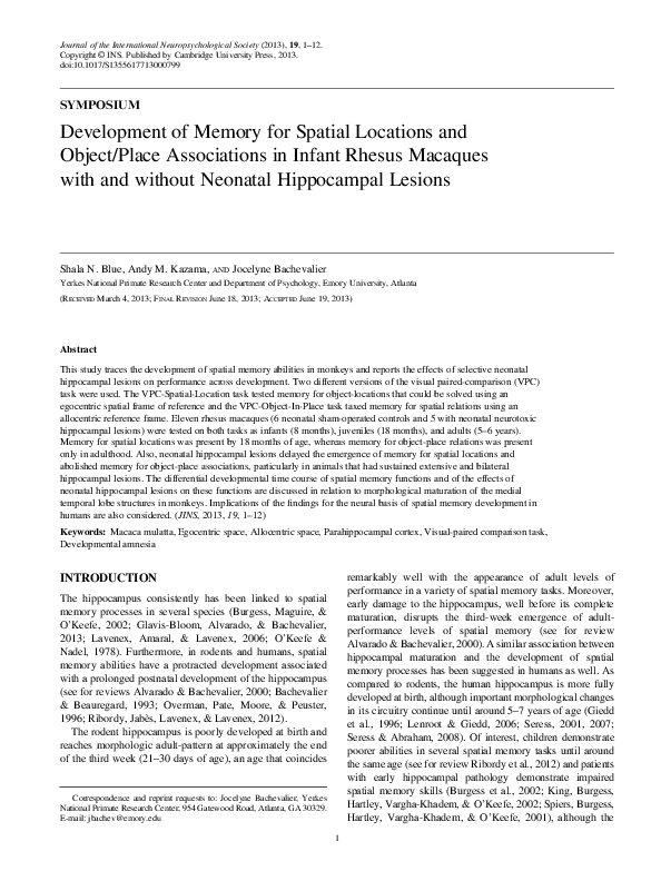 (PDF) Development of Memory for Spatial Locations and Object/Place ...