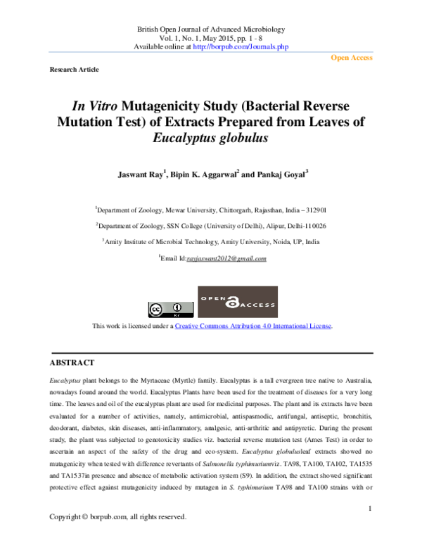 (PDF) In Vitro Mutagenicity Study (Bacterial Reverse Mutation Test) of ...