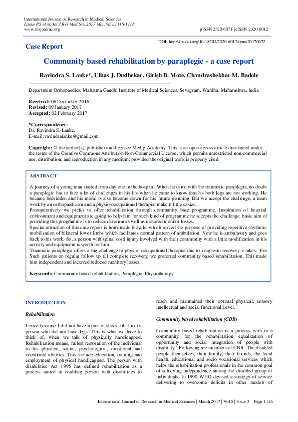 (PDF) Community based rehabilitation by paraplegic - a case report