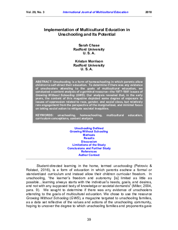 (PDF) Implementation of Multicultural Education in Unschooling and its ...