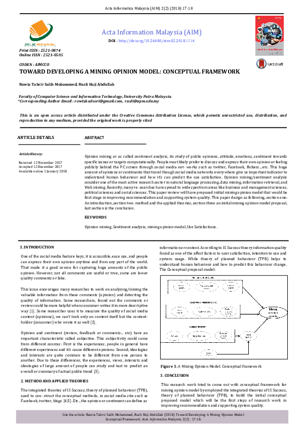 (PDF) Toward Developing a Mining Opinion Model: Conceptual Framework