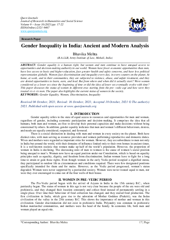 (PDF) Gender Inequality in India: Ancient and Modern Analysis