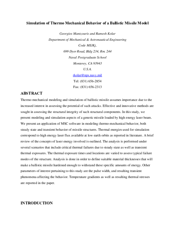 (PDF) Simulation of Thermo Mechanical Behavior of a Ballistic Missile Model