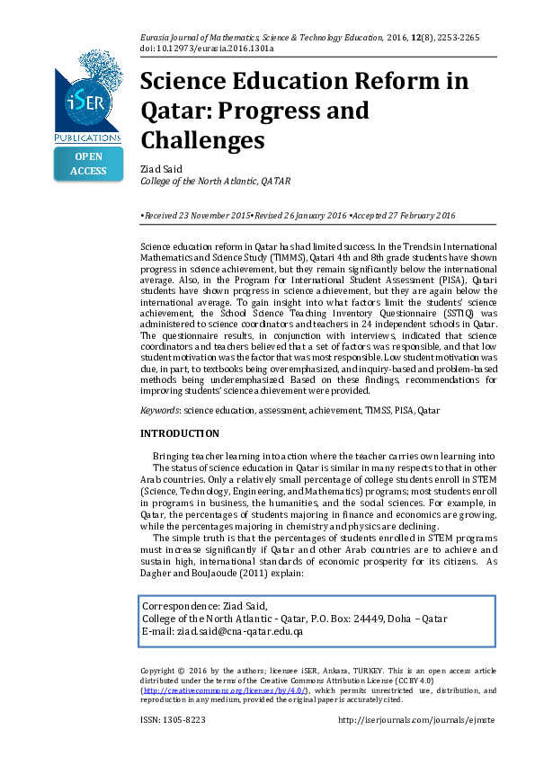 (PDF) Science Education Reform in Qatar Progress and Challenges Ziad