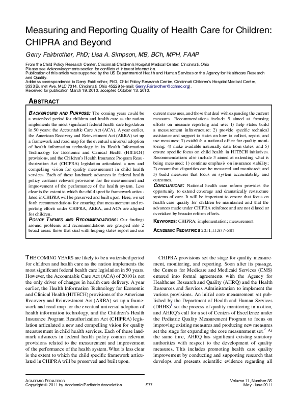 (PDF) Measuring and Reporting Quality of Health Care for Children ...