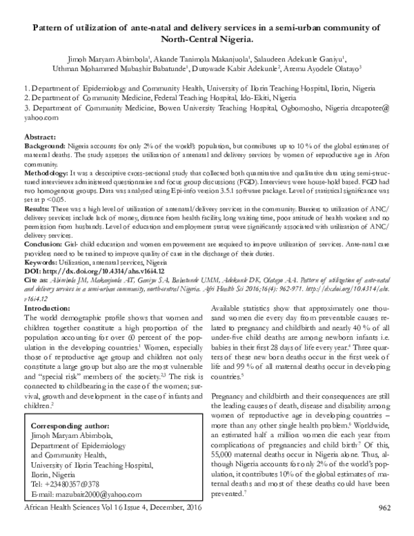 (PDF) Pattern of utilization of ante-natal and delivery services in a ...