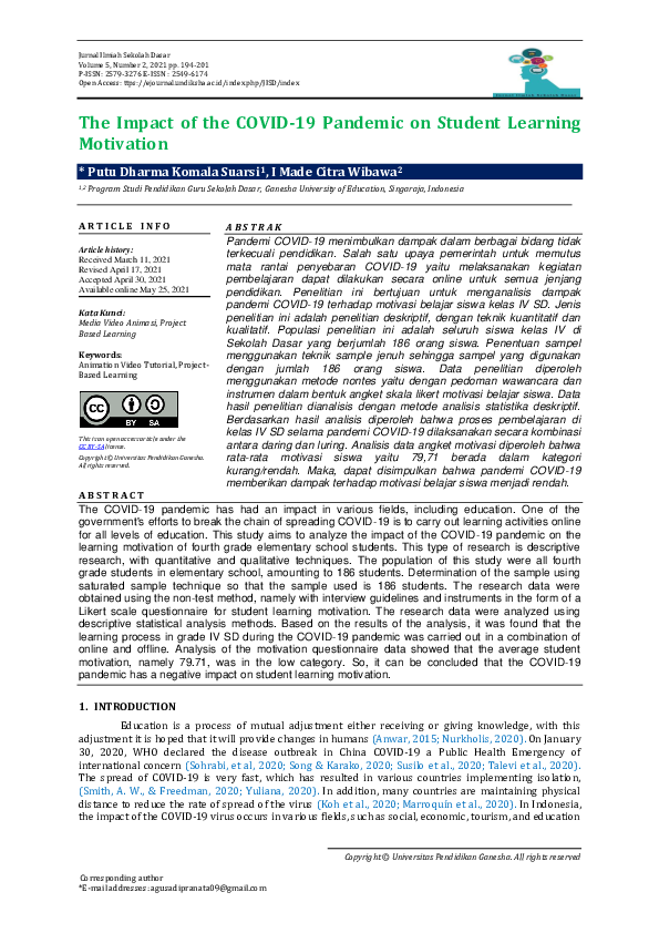 (PDF) The Impact of the COVID-19 Pandemic on Student Learning Motivation