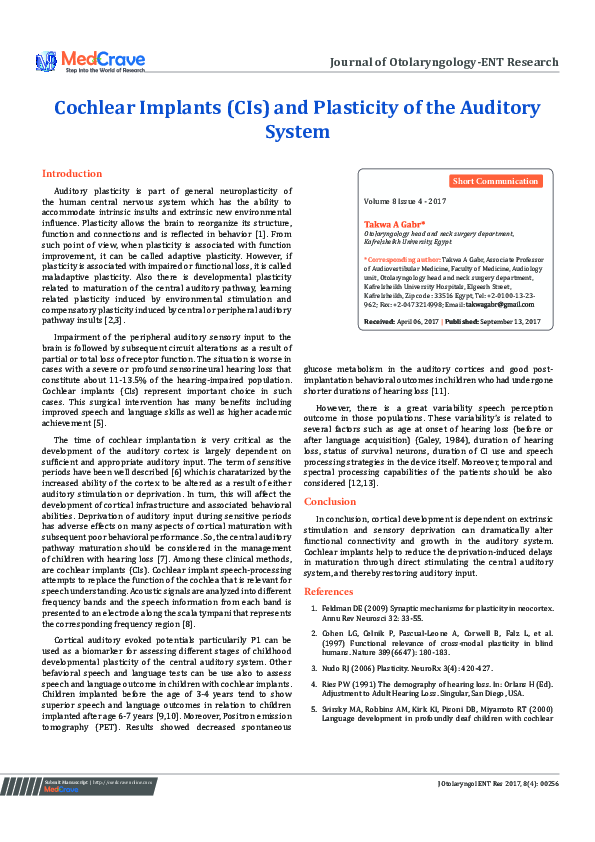 (PDF) Cochlear Implants (CIs) and Plasticity of the Auditory System