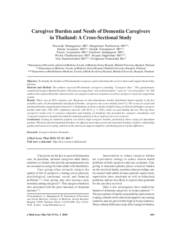 (PDF) Caregiver burden and needs of dementia caregivers in Thailand: a ...