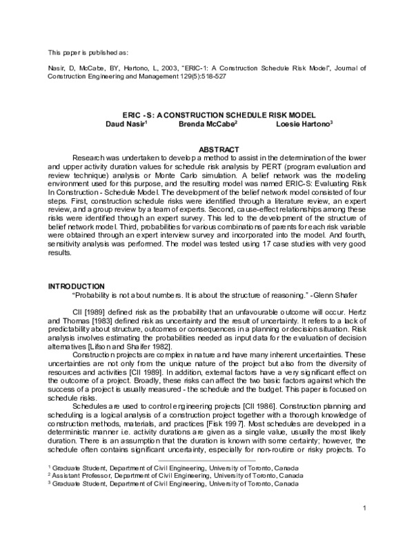 (PDF) Evaluating Risk in Construction Schedule Model (ERIC S ...