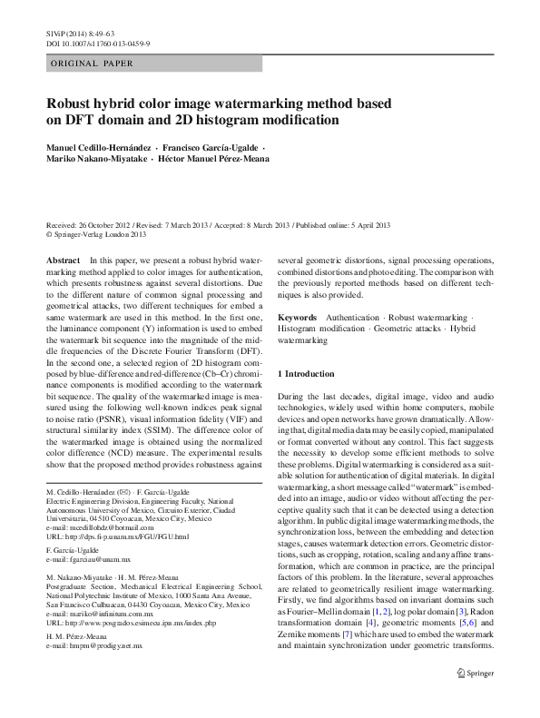 (PDF) Robust hybrid color image watermarking method based on DFT domain ...