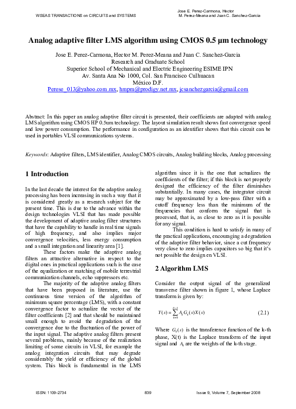 (PDF) Analog adaptive filter LMS algorithm using CMOS 0.5 µm technology