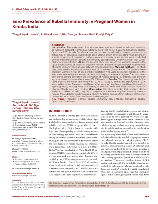 (PDF) Sero Prevalence of Rubella Immunity in Pregnant Women in Kerala ...