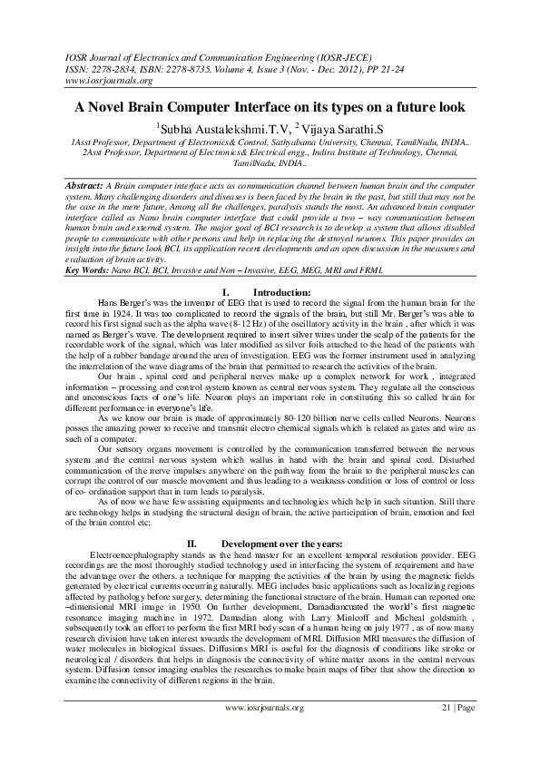 (PDF) A Novel Brain Computer Interface on its types on a future look
