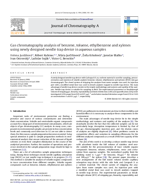 (PDF) Gas chromatography analysis of benzene, toluene, ethylbenzene and
