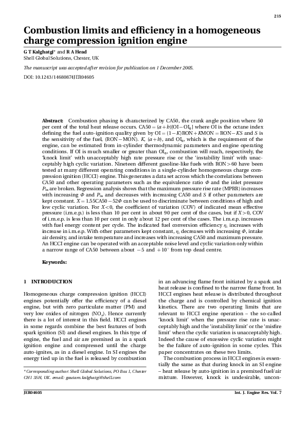 (PDF) Combustion limits and efficiency in an HCCI engine