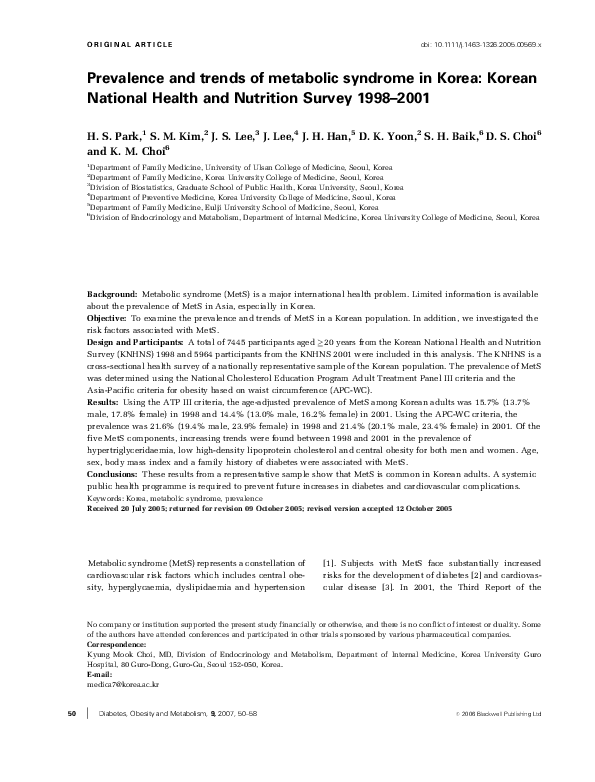 (PDF) Prevalence and trends of metabolic syndrome in Korea: Korean ...