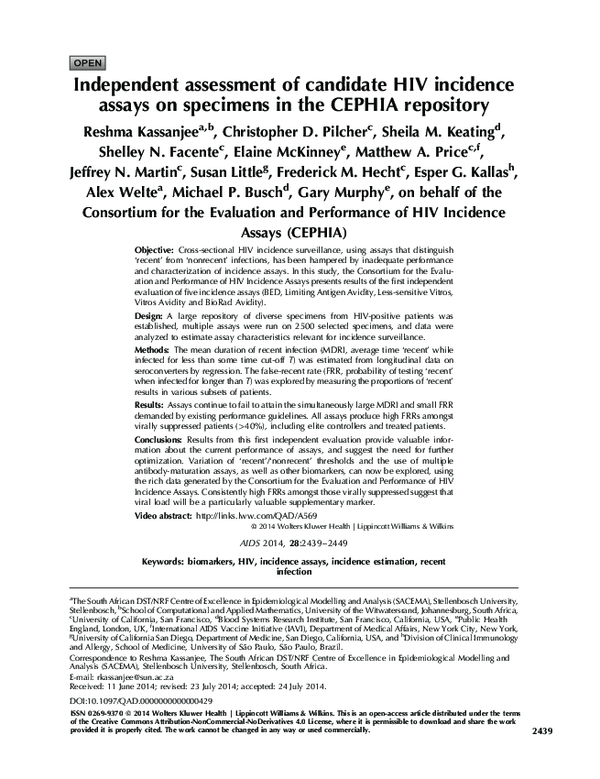 (PDF) Independent assessment of candidate HIV incidence assays on specimens in the CEPHIA