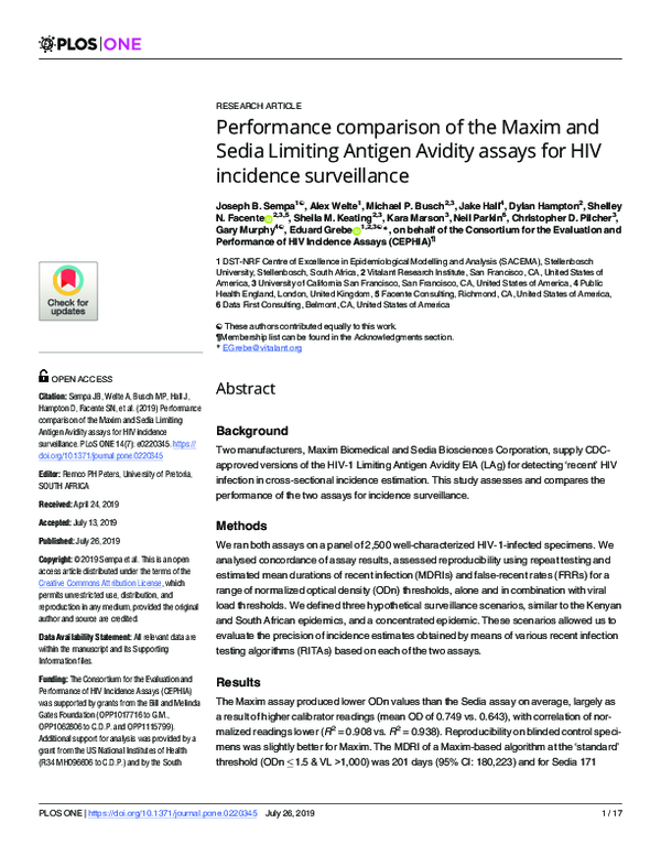 (PDF) Performance comparison of the Maxim and Sedia Limiting Antigen Avidity assays for HIV