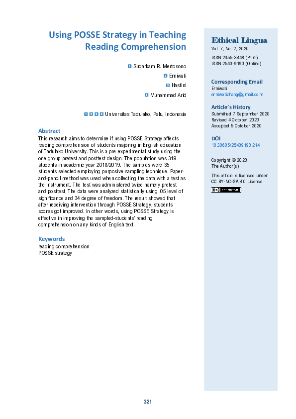 (PDF) Using POSSE Strategy in Teaching Reading Comprehension