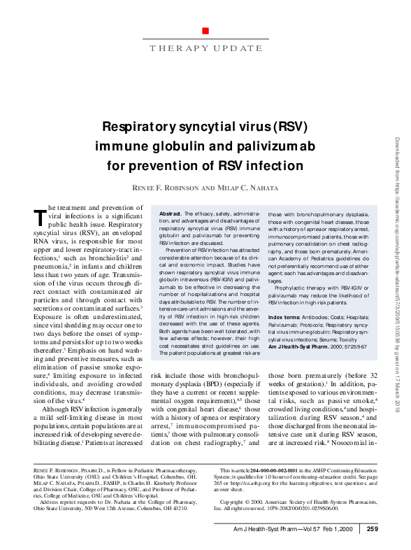(PDF) Respiratory Syncytial Virus (RSV) Immune Globulin and Palivizumab ...