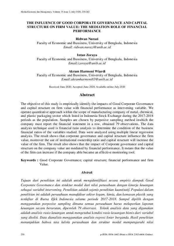 (PDF) The Influence of Good Corporate Governance and Capital Structure ...
