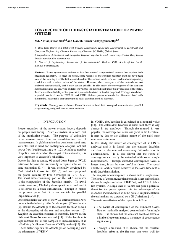 (PDF) Convergence of the Fast State Estimation for Power Systems