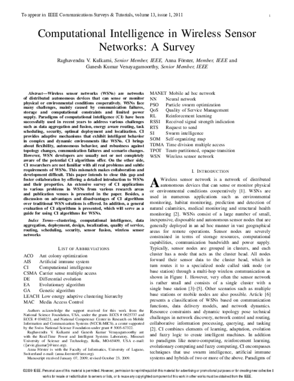 (PDF) Computational Intelligence in Wireless Sensor Networks: A Survey