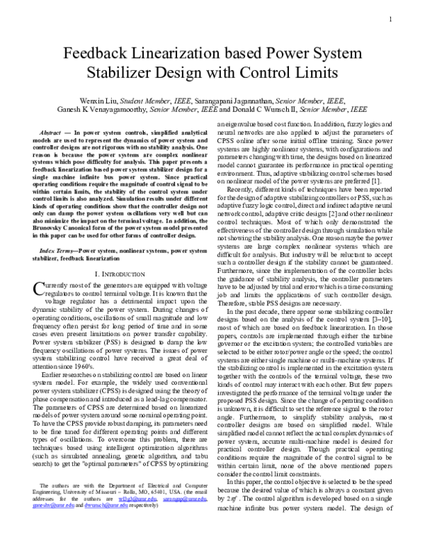 (PDF) Feedback linearization based power system stabilizer design with ...