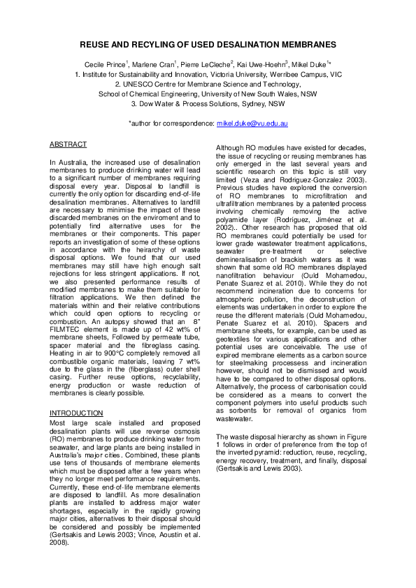 (PDF) Reuse and recycling of used desalination membranes KaiUwe