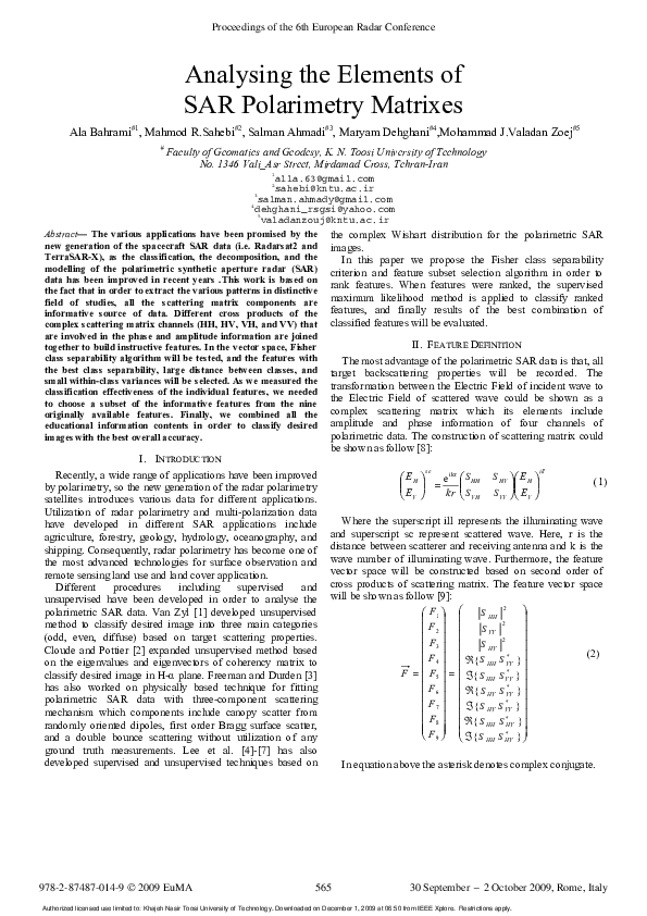 (PDF) Analysing the elements of SAR polarimetry matrixes