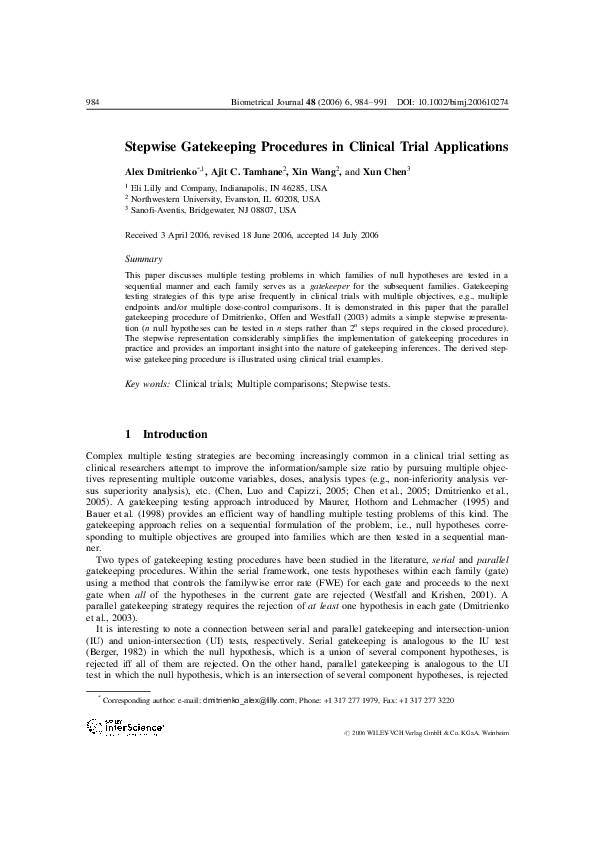 (PDF) Stepwise Gatekeeping Procedures in Clinical Trial Applications