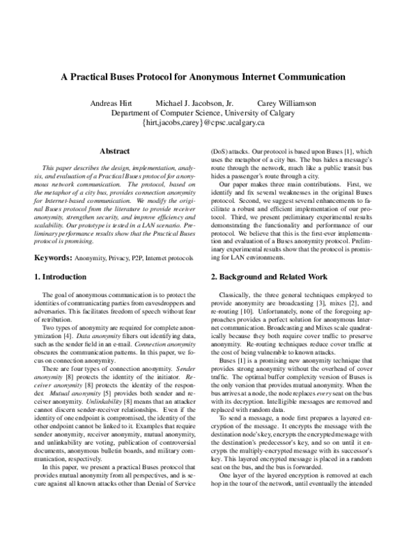 (PDF) A Practical Buses Protocol for Anonymous Internet Communication