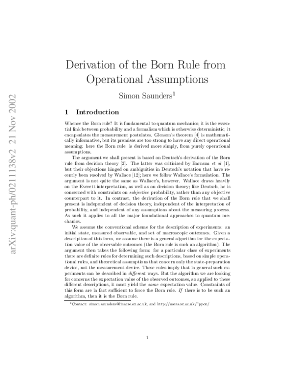 (PDF) Derivation of the Born rule from operational assumptions