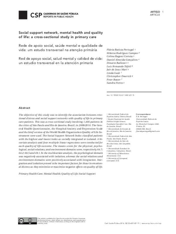 (PDF) Social support network, mental health and quality of life: a ...