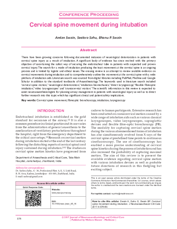 (PDF) Cervical spine movement during intubation | Amlan Swain ...