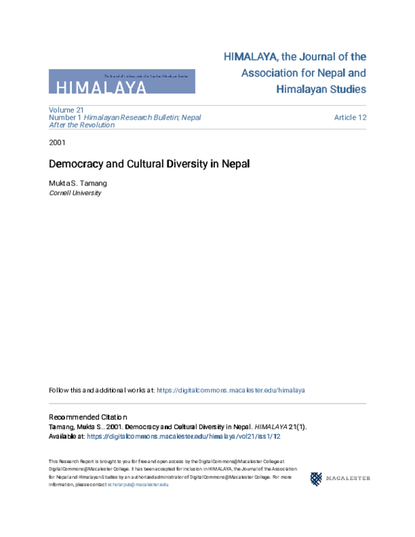 (PDF) Democracy and cultural diversity in Nepal