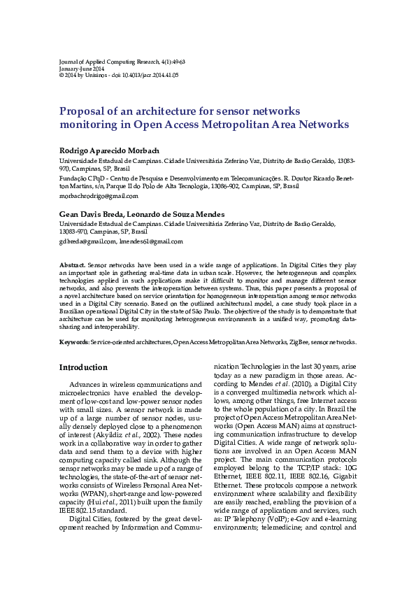 (PDF) Proposal of an architecture for sensor networks monitoring in ...