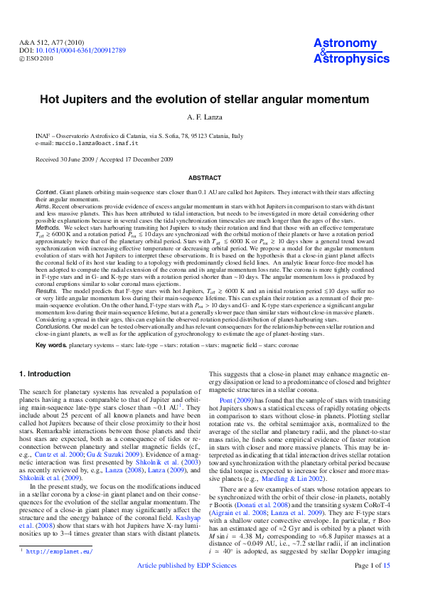 (PDF) Hot Jupiters and the evolution of stellar angular momentum