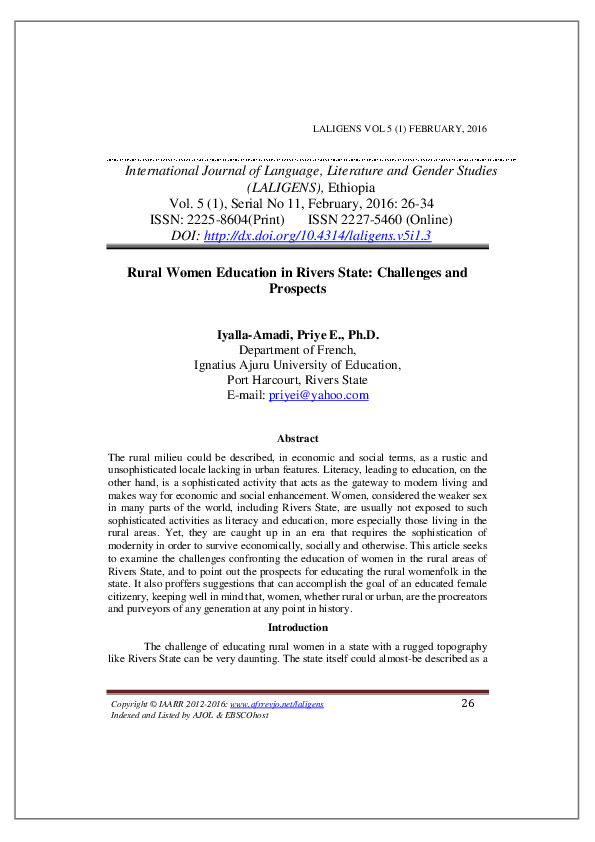 (PDF) Rural Women Education in Rivers State: Challenges and Prospects