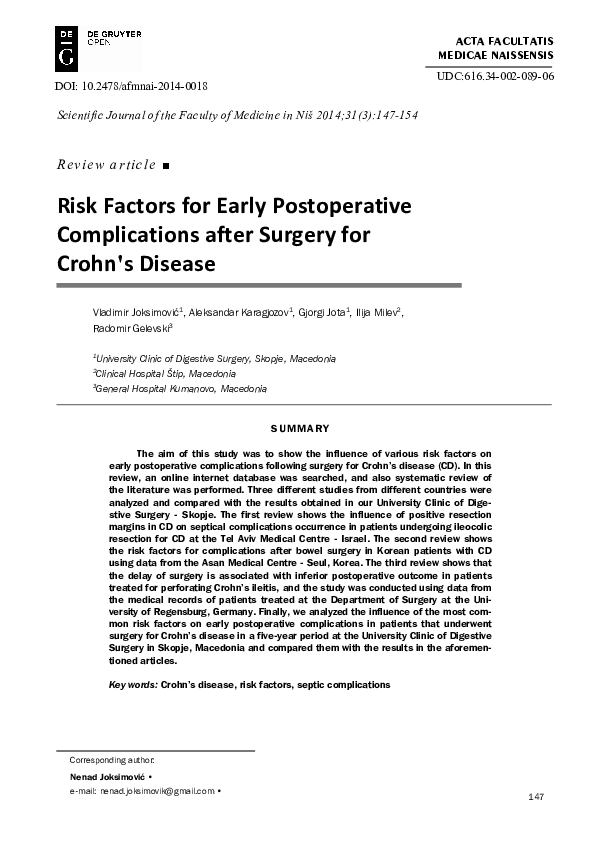 (PDF) Risk Factors for Early Postoperative Complications after Surgery ...