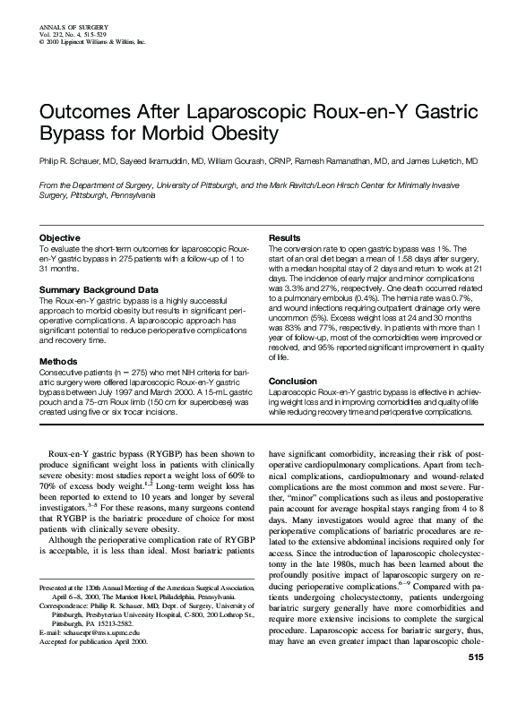 (PDF) Outcomes After Laparoscopic Roux-en-Y Gastric Bypass for Morbid ...