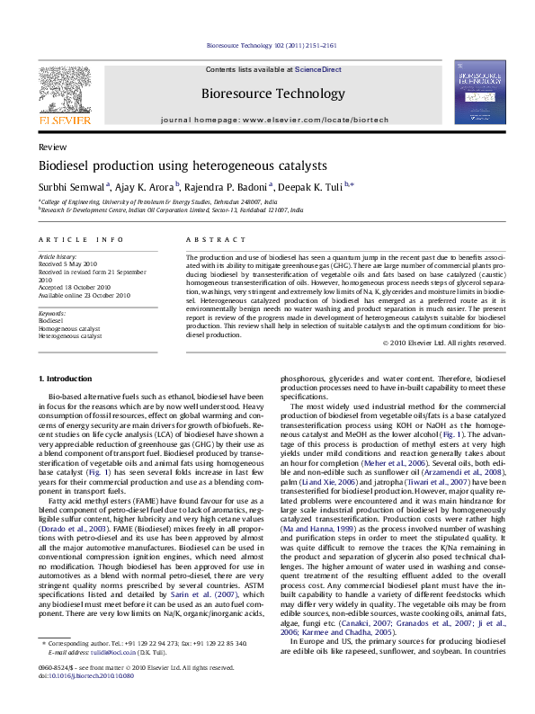 (PDF) Biodiesel production using heterogeneous catalysts