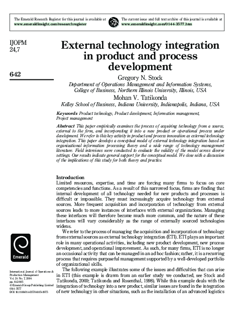 (PDF) External technology integration in product and process development