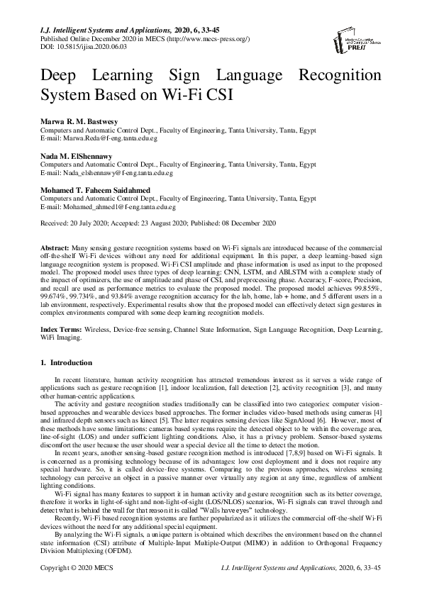 (PDF) Deep Learning Sign Language Recognition System Based on Wi-Fi CSI