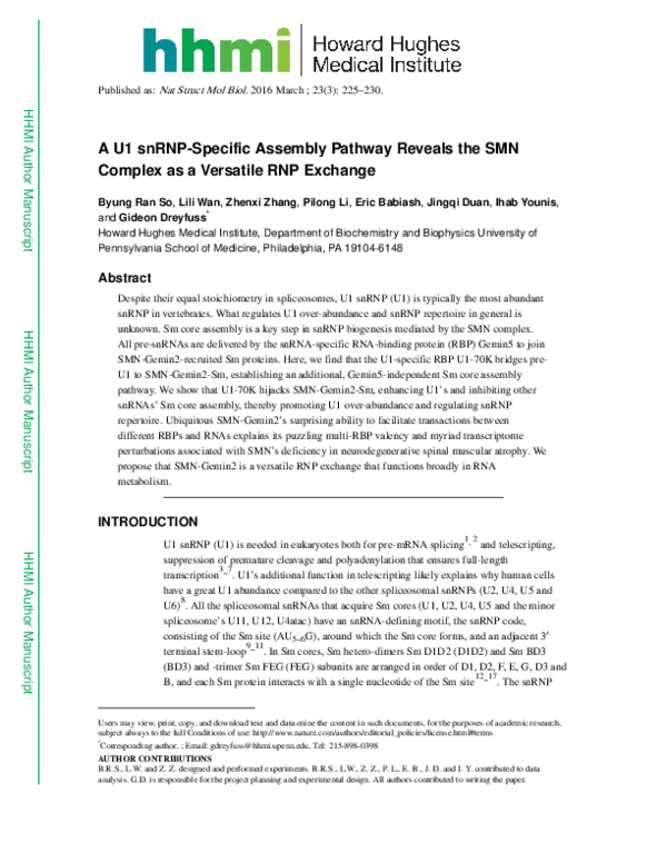 (PDF) A U1 snRNP-specific assembly pathway reveals the SMN complex as a ...