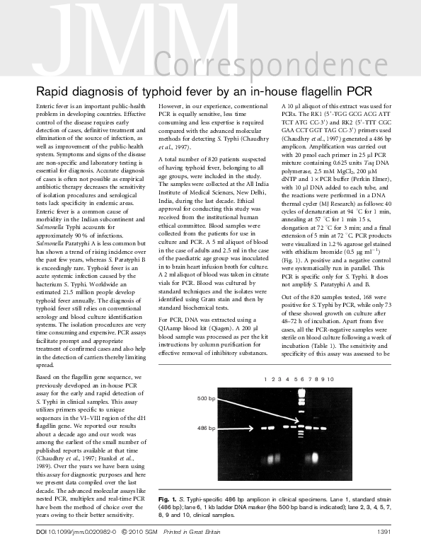 (PDF) Rapid diagnosis of typhoid fever by an in-house flagellin PCR
